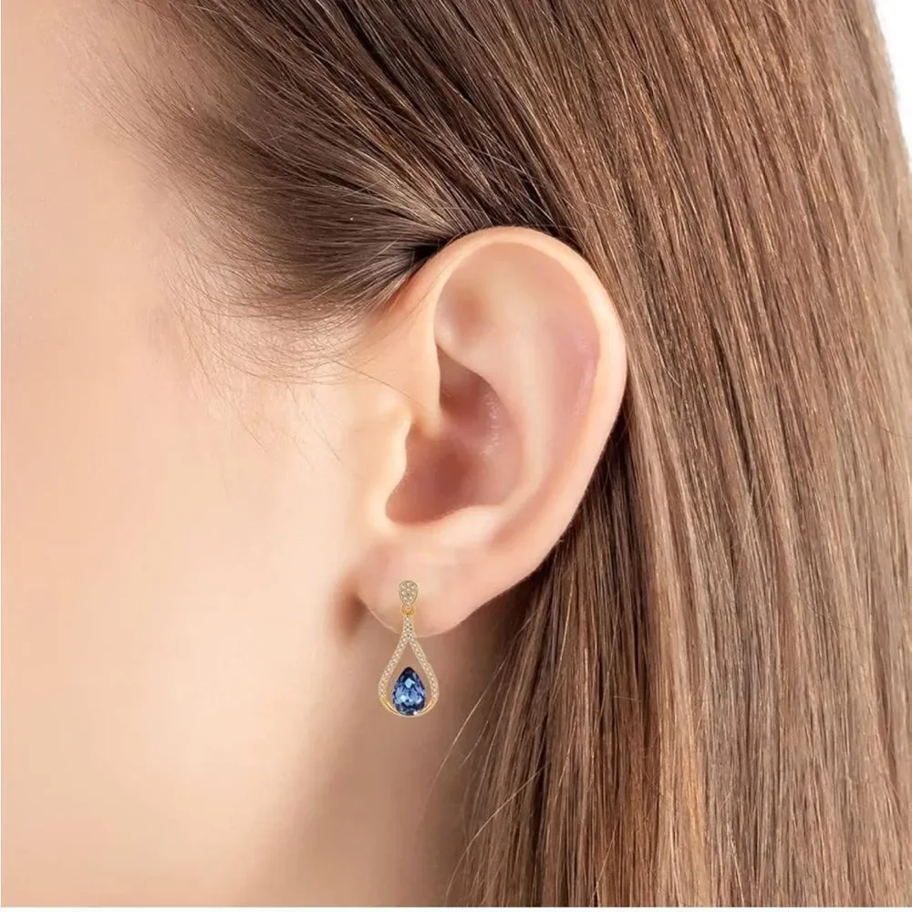 14K Yellow Gold with Blue Sapphire Austrian Crystal Halo Teardrop Post Earrings